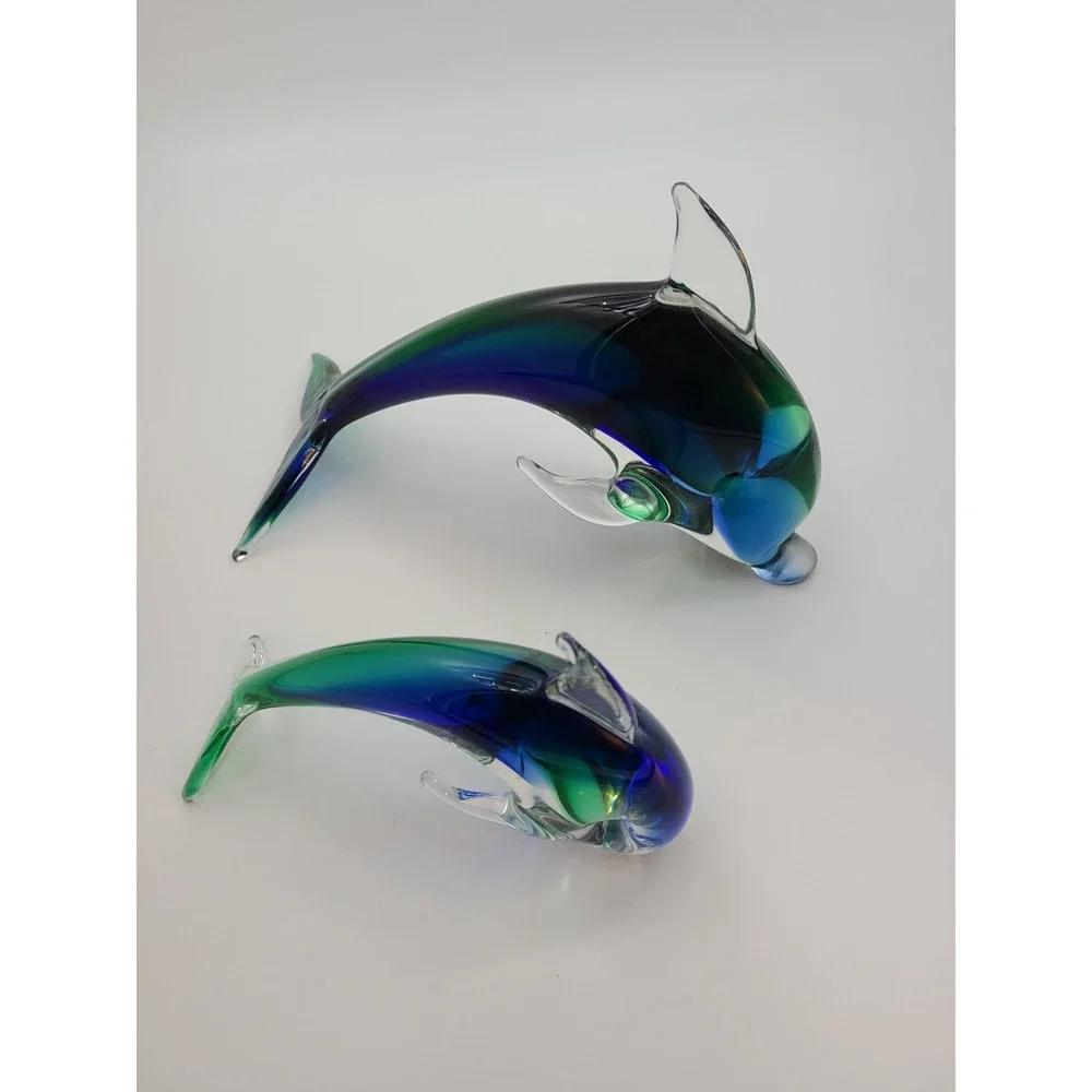 Handmade Art Glass Dolphin Figurines Often Created In The Murano Style Set of 2